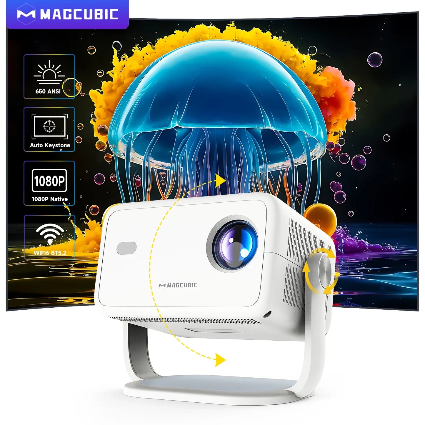 Magcubic L018 Native 1080P 650ANSI 4K Android 11 180° Projector With Auto Keystone Correction Focus Wifi6 BT5.2 Portable Outdoor