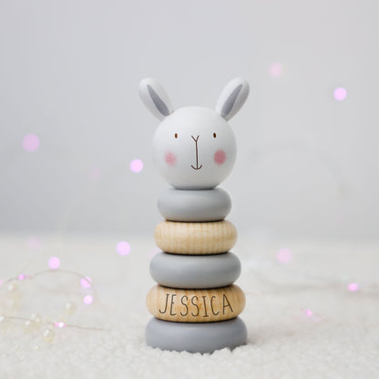 Personalised Wooden Stacking Rings Baby Toy | Stacker Wooden Lion, Elephant Teddy or Bunny Toy | Baby Birthday Christening Gift | Montessori