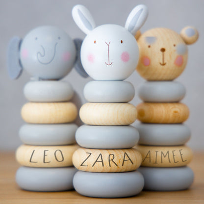 Personalised Wooden Stacking Rings Baby Toy | Stacker Wooden Lion, Elephant Teddy or Bunny Toy | Baby Birthday Christening Gift | Montessori