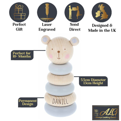 Personalised Wooden Stacking Rings Baby Toy | Stacker Wooden Lion, Elephant Teddy or Bunny Toy | Baby Birthday Christening Gift | Montessori