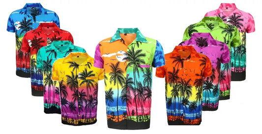 MENS HAWAIIAN SHIRT STAG BEACH SUNSET SURF PARTY FLORAL HOLIDAY PALM TREE D1